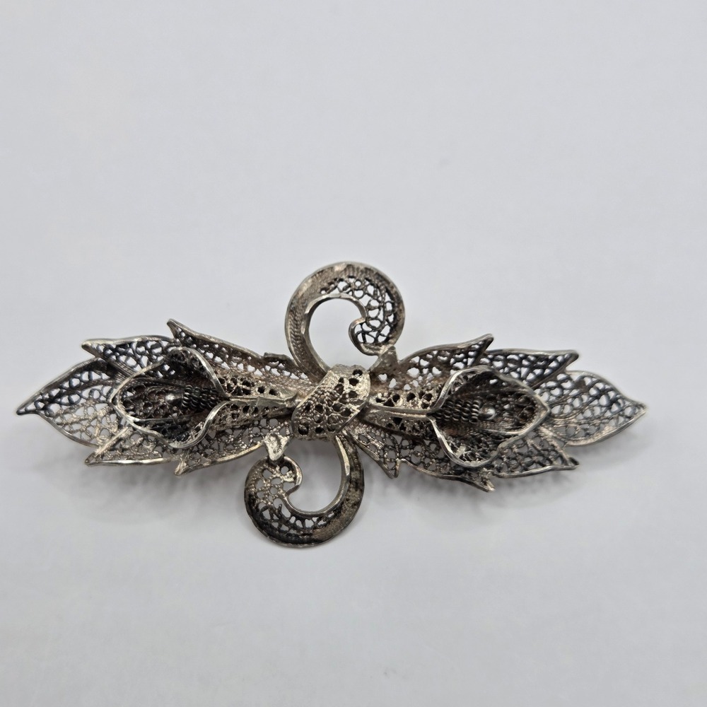 Vintage Sterling Silver Filigree Calla Lily Floral Bar Brooch Pin Unmarked
